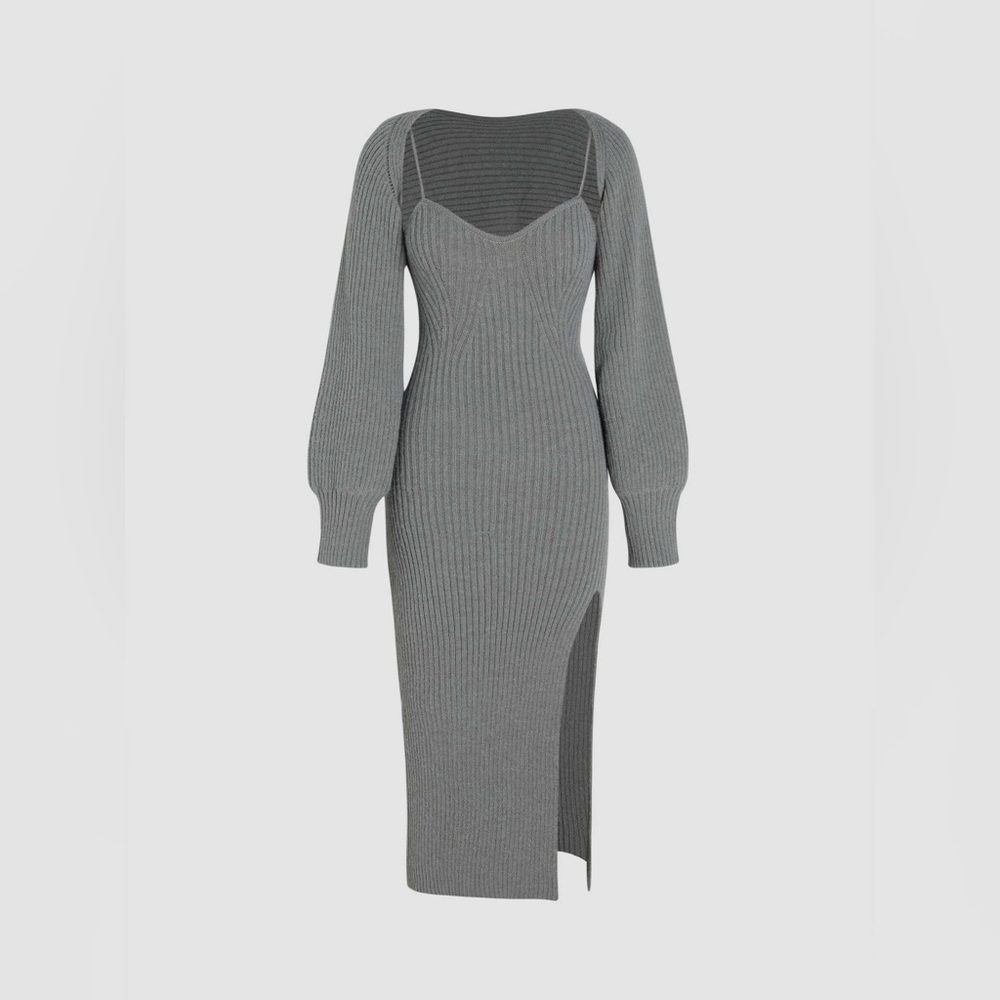 Solid Knitted Cami Split Midi Dress & Crop Top